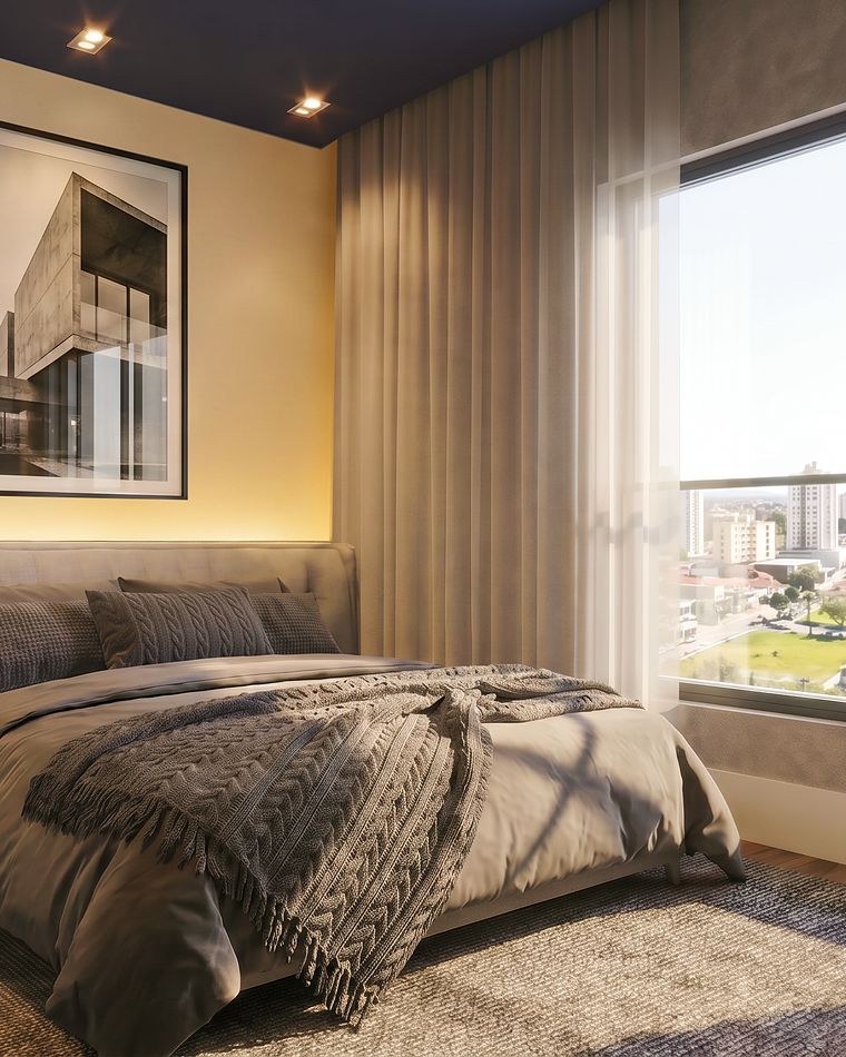 Cama de casal ao lado da janela com vista da cidade