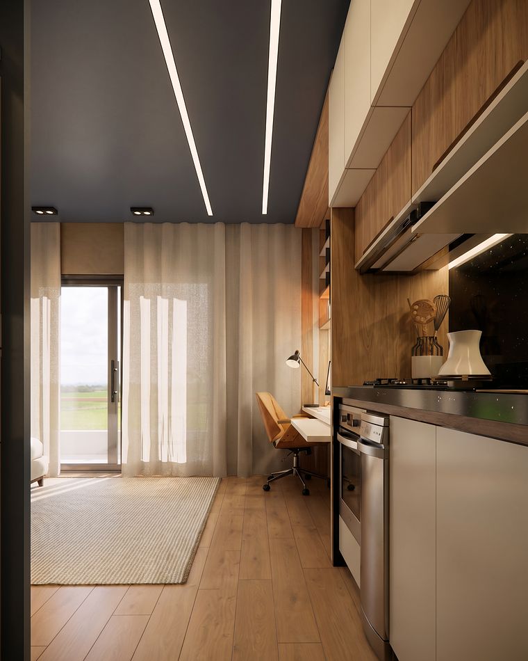 Cozinha linear com forno e cooktop, de frente para a janela