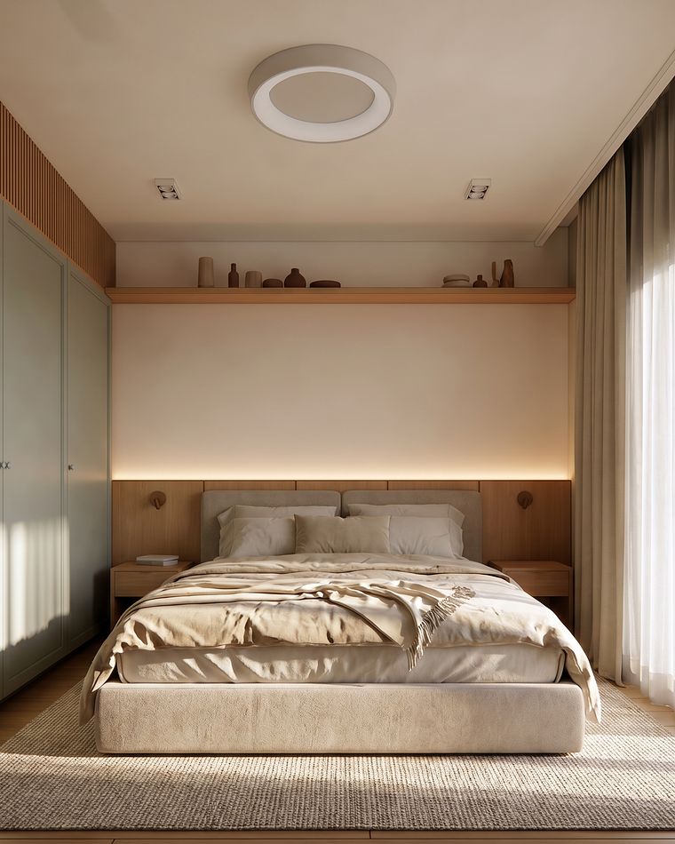 Cama de casal com cortinas e porta para a varanda