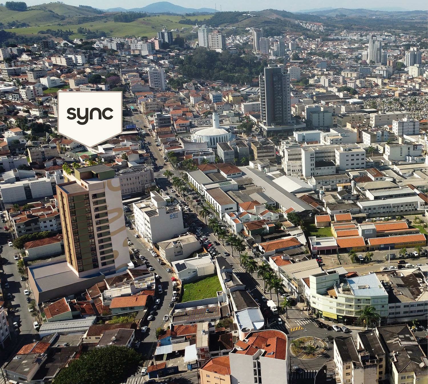 Foto aérea do Bairro Medicina com a marcação do SYNC