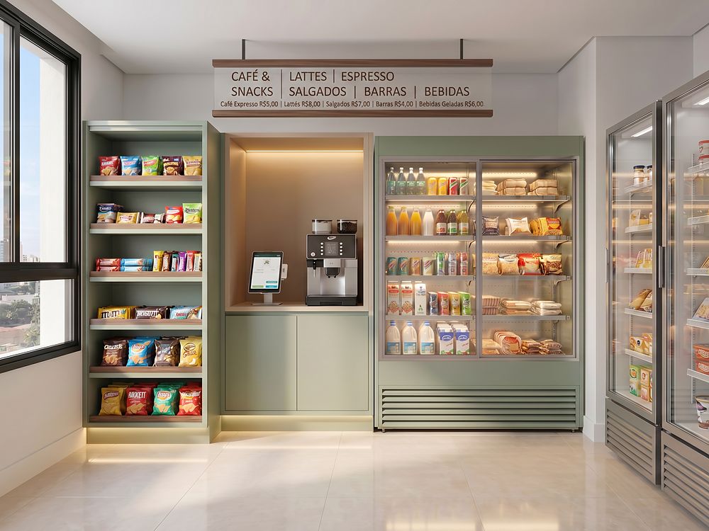 Minimercado com geladeiras, prateleiras e máquina de café