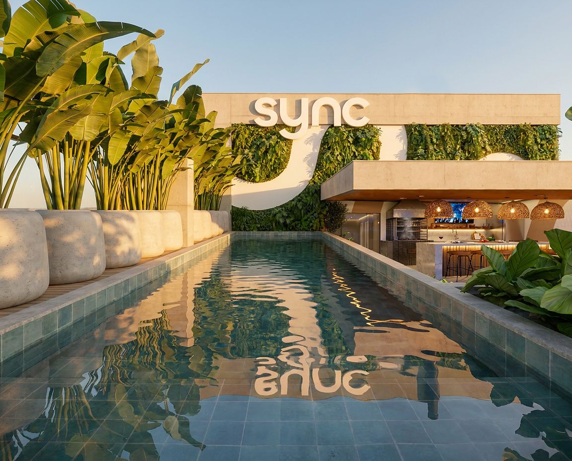 Piscina do rooftop com o letreiro SYNC ao fundo e plantas tropicais