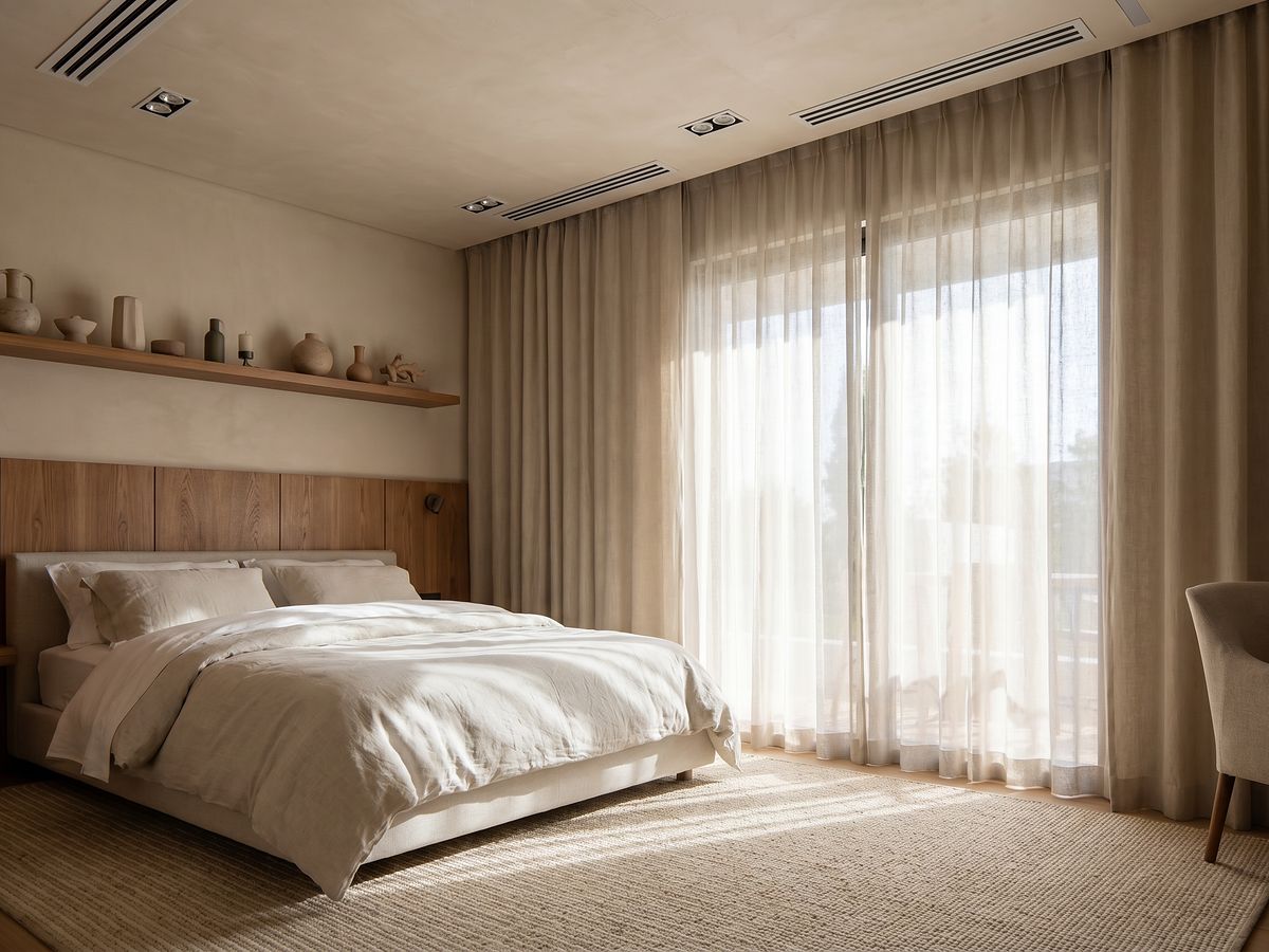 Studio decorado com cama de casal, cortinas de linho e porta para a varanda